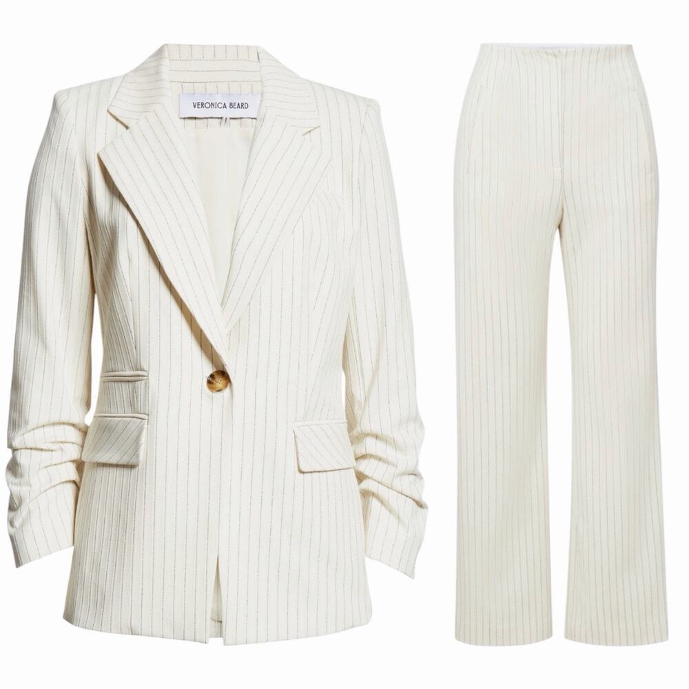 Veronica Beard Ecru Pinstripe Suit - Dickey Blazer and Cropped Pant - Size 8/10